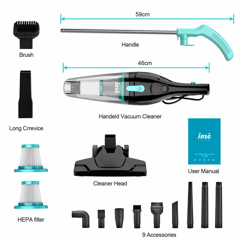 INSE Corded Stick Vacuum Cleaner, 16kPa Powerful Suction 2 in 1 Lightweight Bagless Handheld Vacuum Cleaner for Hard Floors Carpet Car, Blue