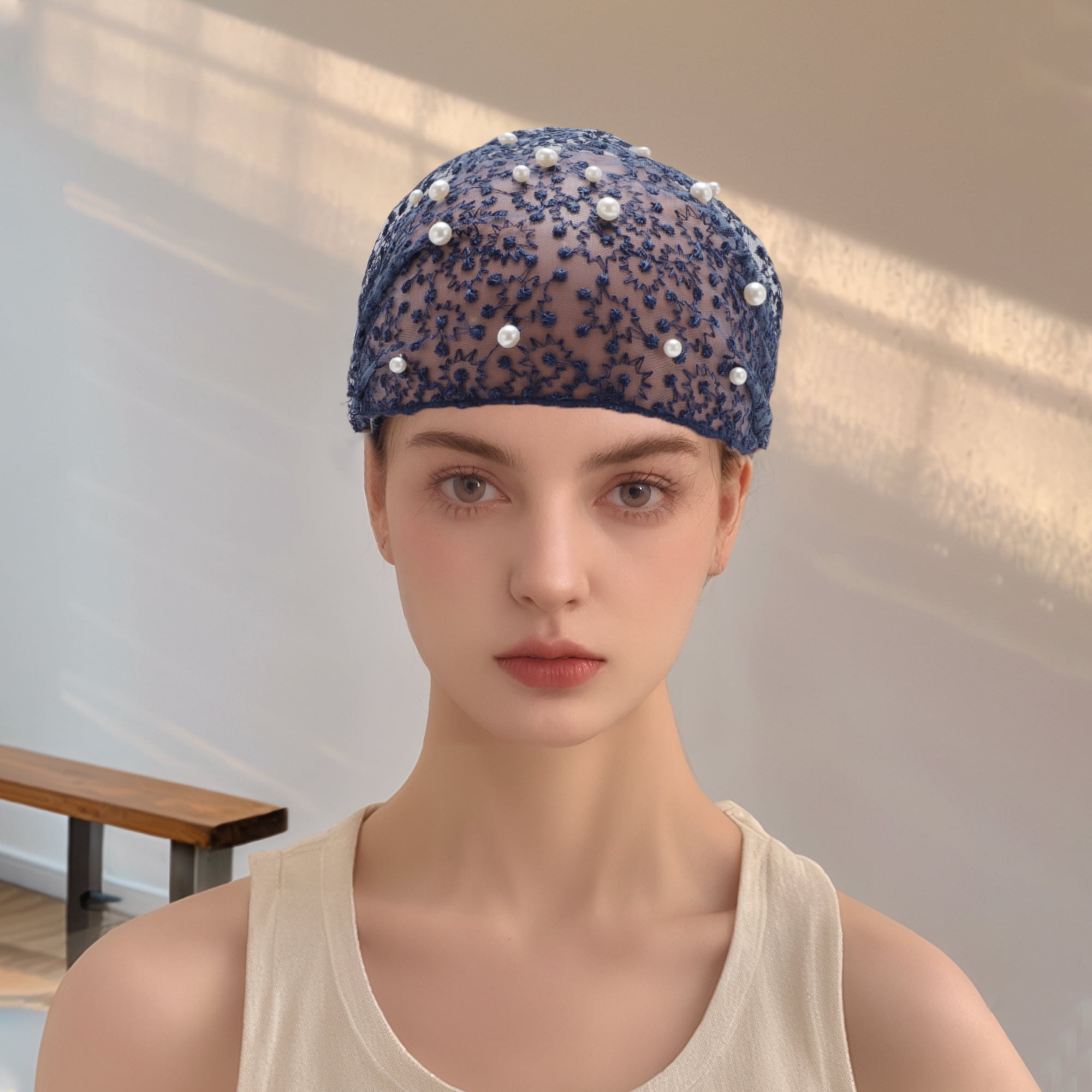 Unique Bargains 1pc Fashion Faux Pearl Wide Headwrap 9.45"x6.69" Navy Blue
