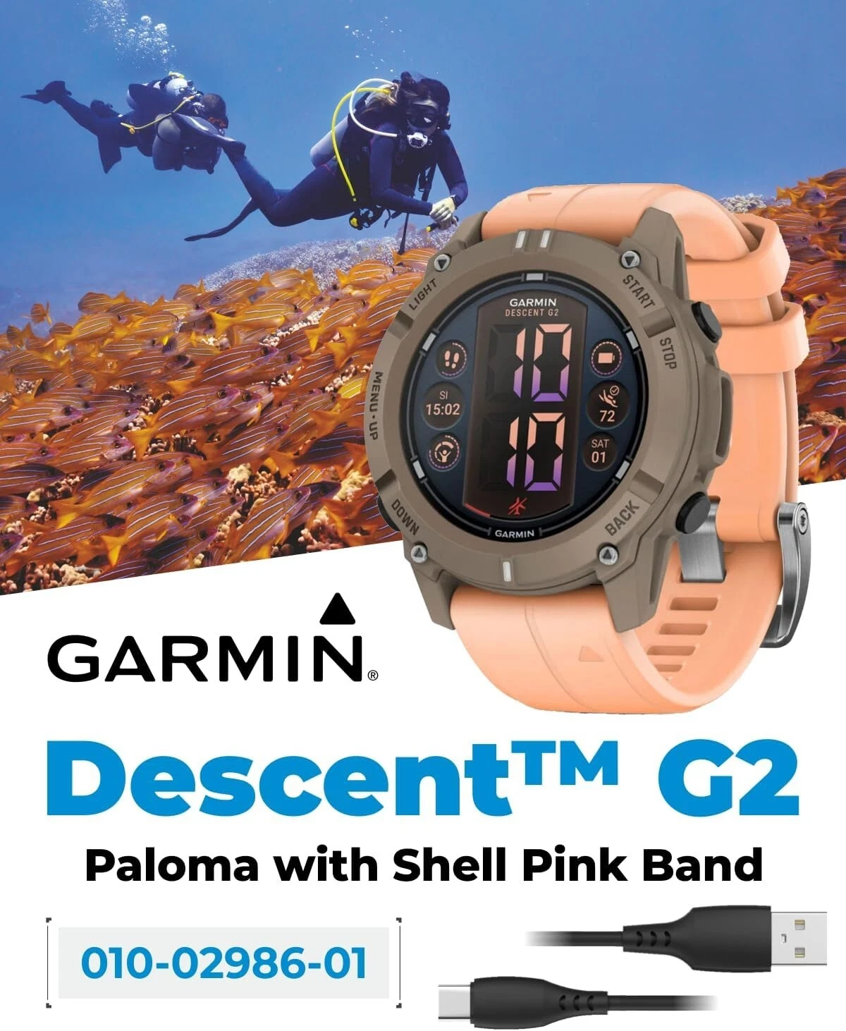 Garmin Descent G2 Watch-Style Dive Computer Smartwatch Paloma with Shell Pink Band with Power Bank Bundle
