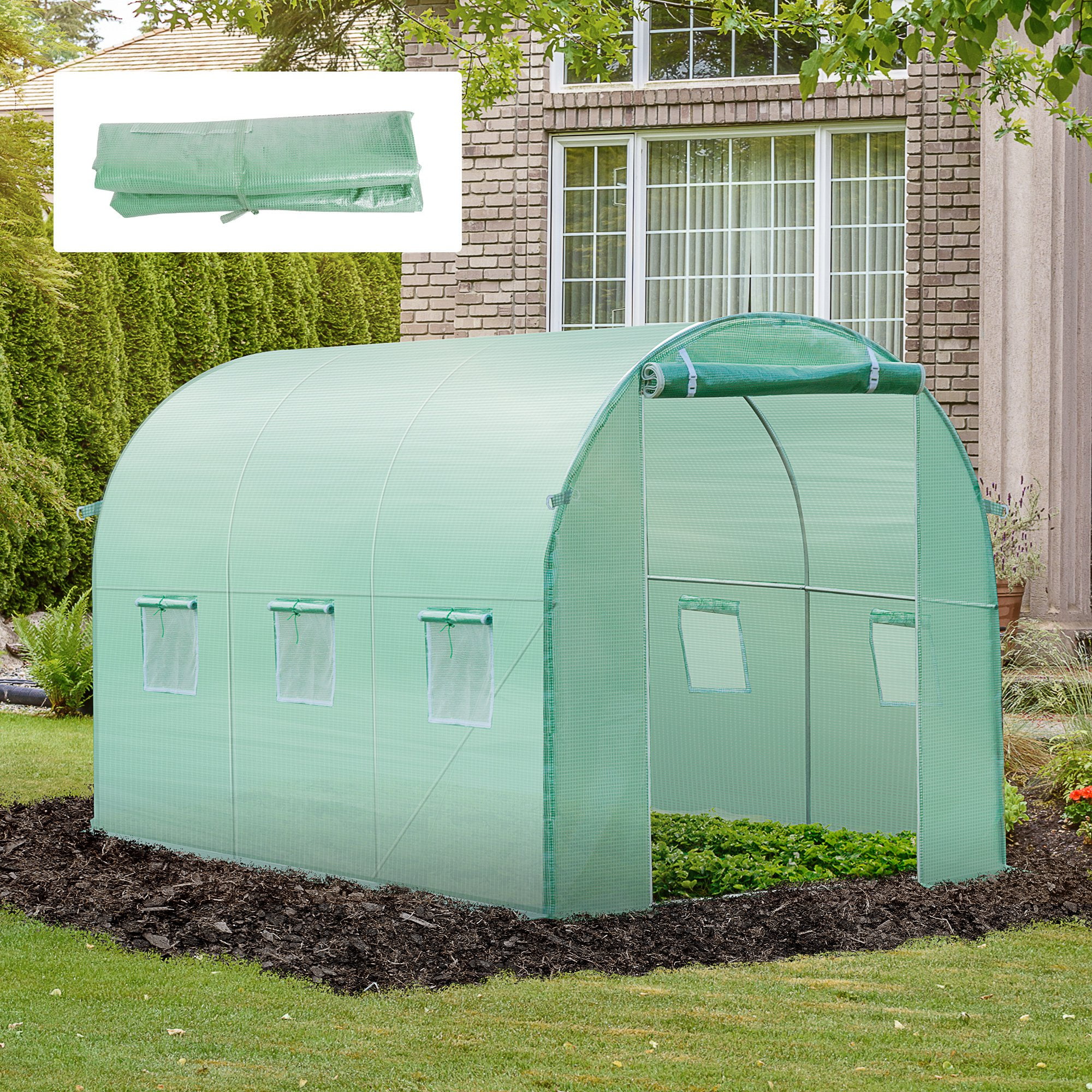 10 x 7 x 7FT Replacement Greenhouse Cover Tarp with 12 Windows for Ventilation & Zipper Door