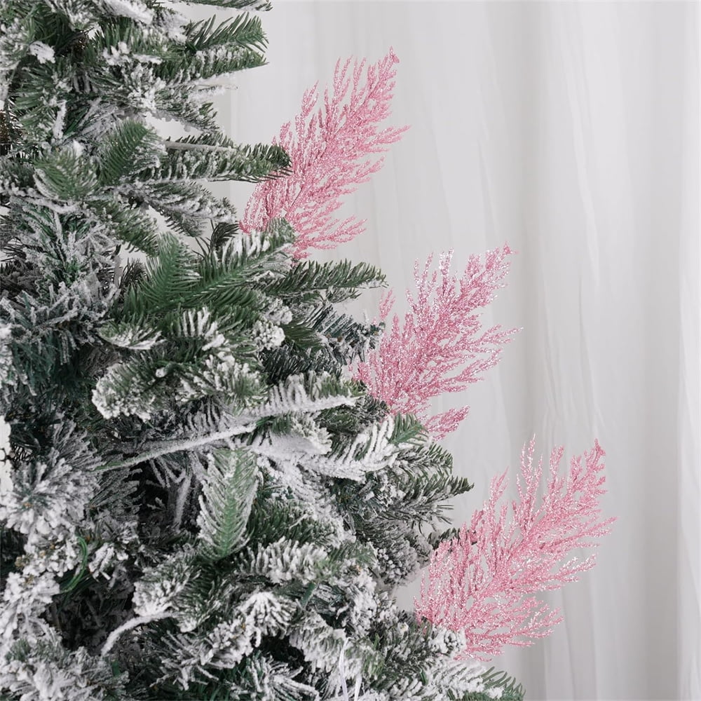 NOGIS Christmas Glitter Twigs 24pcs Artificial Pine Tree Picks for Christmas Tree Ornaments fillers, DIY Xmas Wreath, Crafts, Garland, Holiday, Party, Wedding and Home Decoration (Pink)