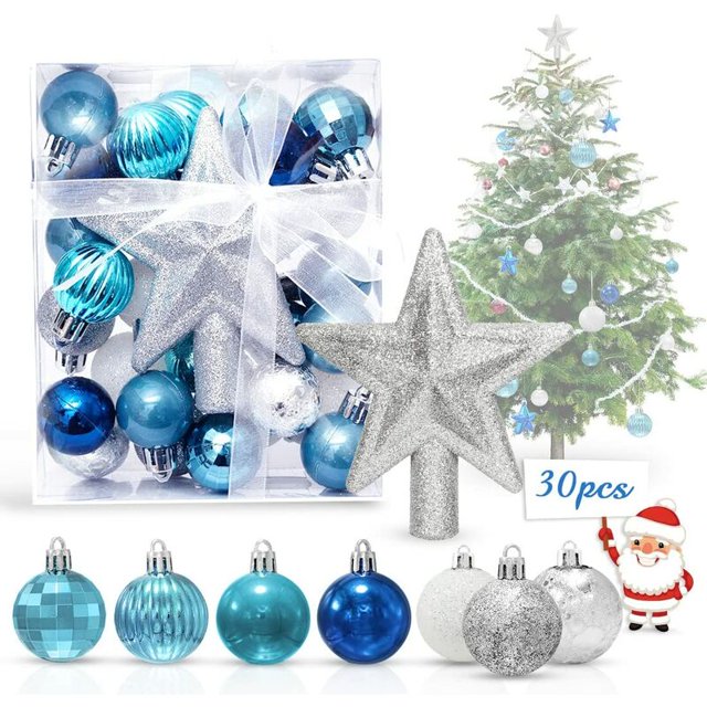 FlkwoH 30 Piezas Bolas de Navidad Azules y Blancas, Adornos de Navidad, Adornos de árbol de Navidad de plástico, para el árbol de Navidad Bolas de árbol de Navidad con Brillo, 3CM