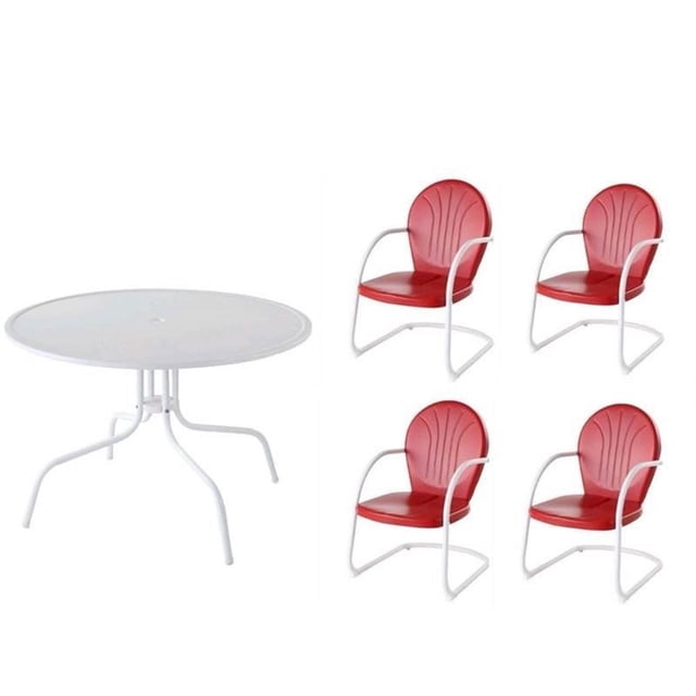 Ensemble de Salle à Manger de Patio 5 Pcs avec Ensemble de 4 Chaises à Accoudoirs Rouges et Table en Blanc