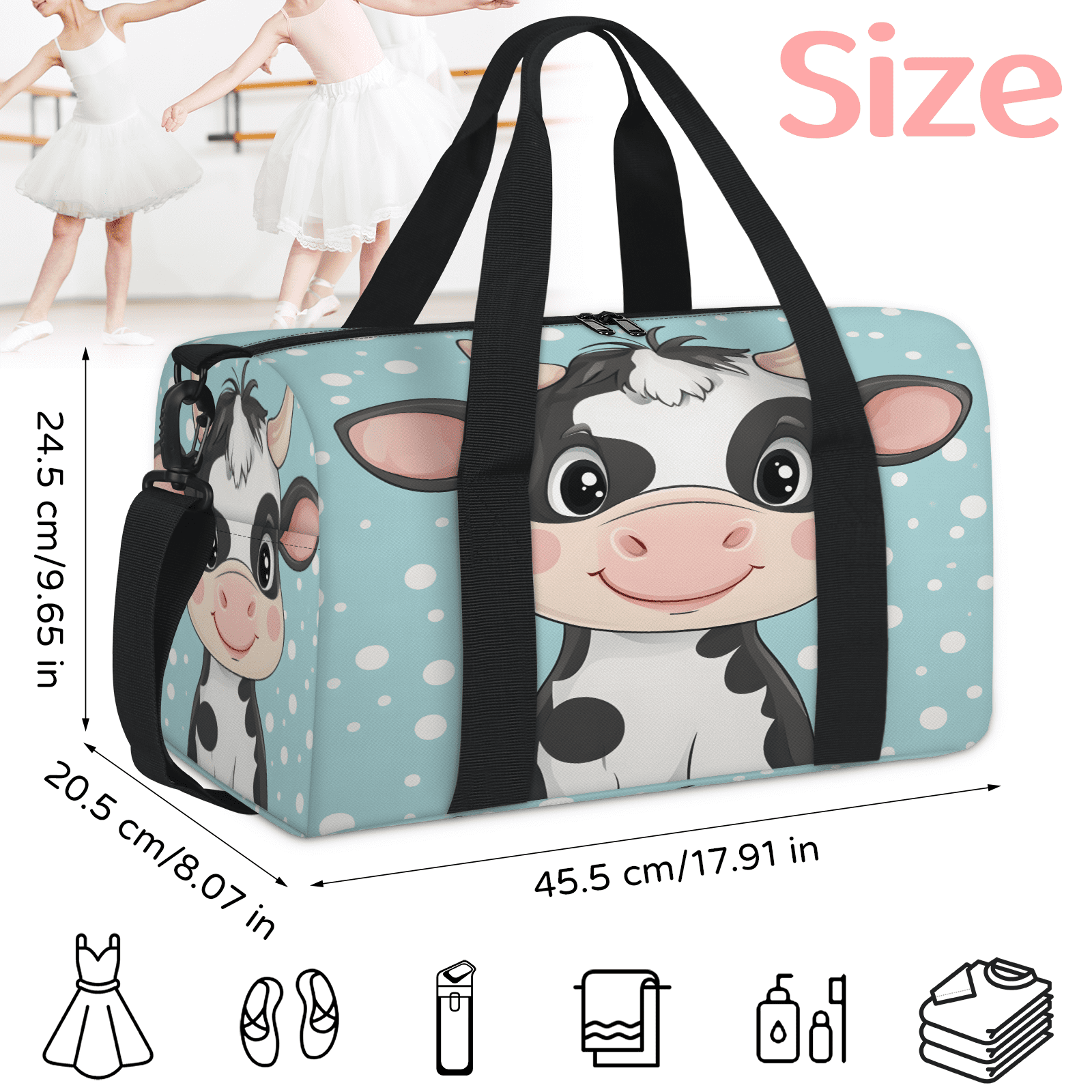 Herdesigns Blue Travel Duffle Bag Sports Yoga Weekender Overnight Carry on Workout Bags Lightweight Waterproof Gym Tote Bag for Women Cow
