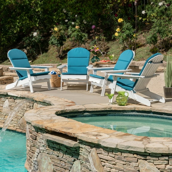 Ariel Outdoor Acacia Wood Folding Adirondack Chairs with Cushions (Set of 4), White and Dark Teal