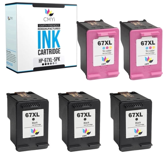 CMYi 67XL Combo Pack of 5 Ink Cartridges Compatible with HP 67 Inkjet Printers, 3 Black, 2 Tri-color