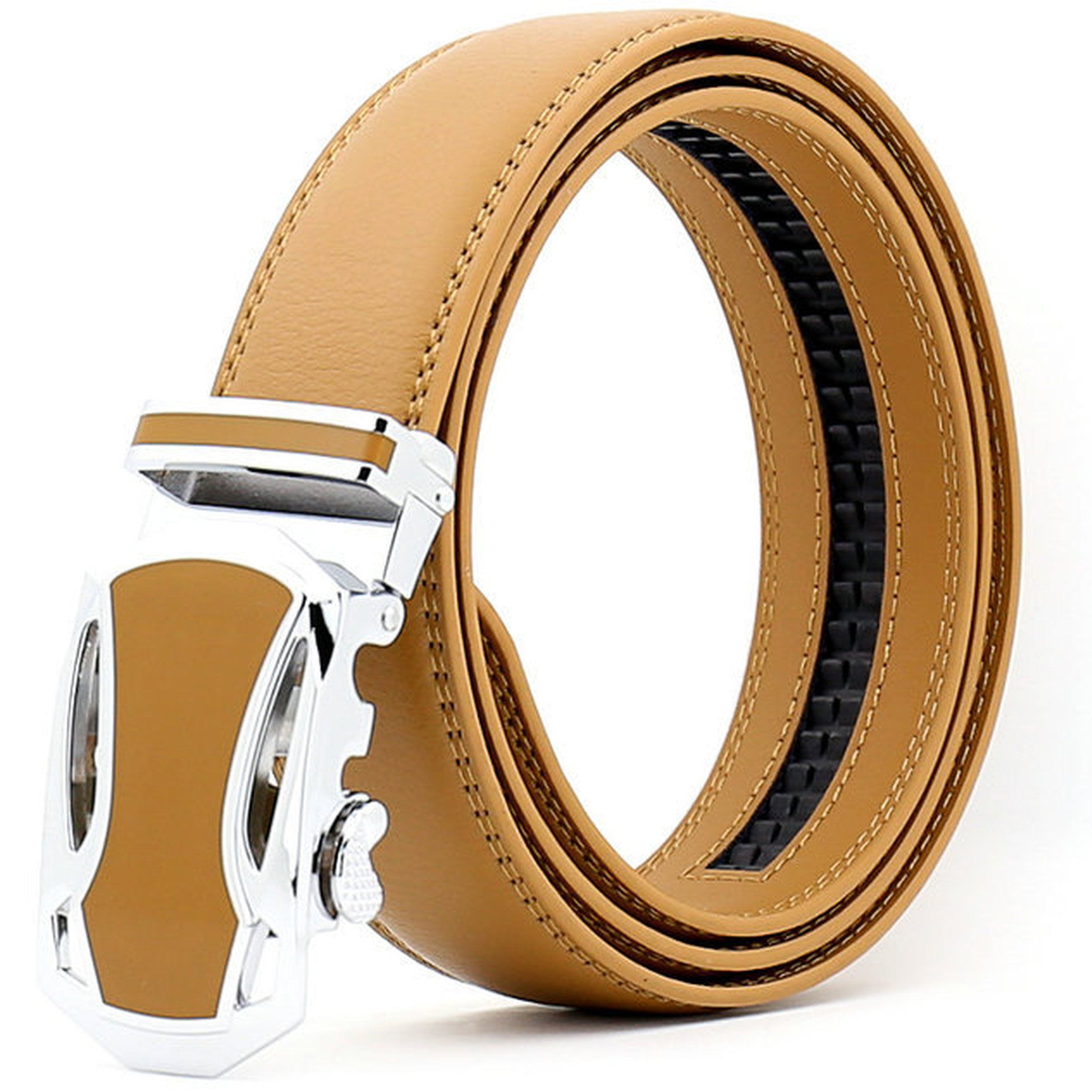 Men's Dress Belt Leather Automatic Buckle Ratchet Belt, Adjustable