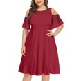 thumbnail image 1 of SMihono Robes Bohèmes d'Été pour Femmes Grande Taille Mode Décontractée Couleur Unie Grande Taille Col Rond Aguichant Dentelle Manches Courtes Ample Robe Chandail, 1 of 8