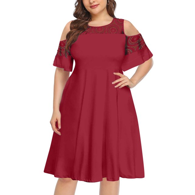 SMihono Robes Bohèmes d'Été pour Femmes Grande Taille Mode Décontractée Couleur Unie Grande Taille Col Rond Aguichant Dentelle Manches Courtes Ample Robe Chandail