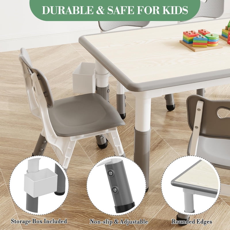 Towallmark Adjustable Kids Table and 6 Chairs Set with Storage, Multi Activity Toddler Table Set for Ages 2-10, Childrens Activity Table with Graffiti Top, Non Slip Legs, For Home Classroom