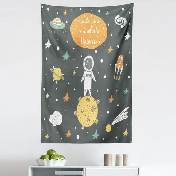 Outer Space Tapestry, Doodle Style Astronaut Alien Planets and Spaceships with a Words, Fabric Wall Hanging Decor for Bedroom Living Room Dorm, 5 Sizes, Multicolor, by Ambesonne