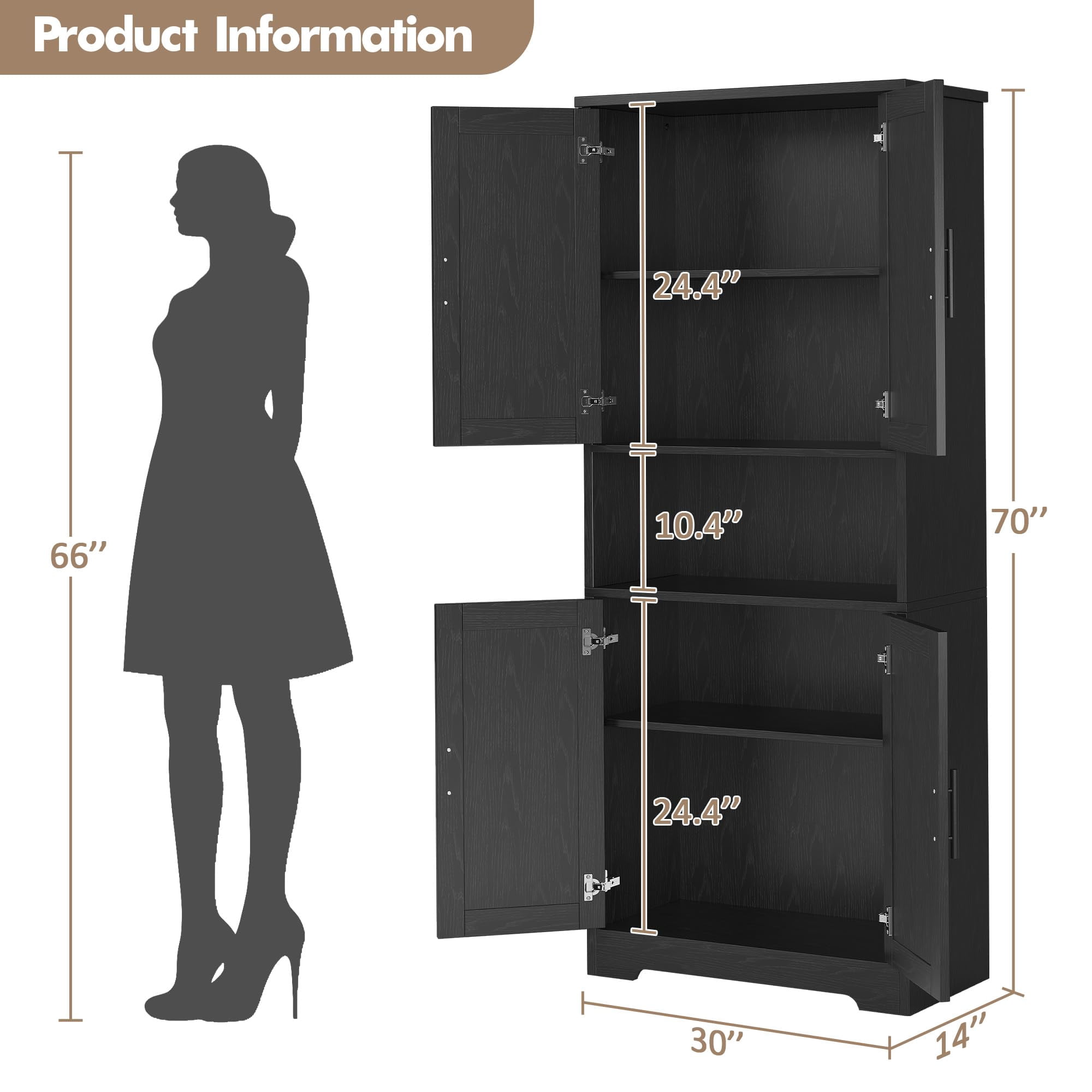 BouPower Pantry Cabinet,70" Tall Kitchen Pantry Cabinet with 2 Doors and 3 Adjustable Shelves, Freestanding Cupboard, Modern Tall Storage Cabinet for Bathroom, Dining Room, Living Room