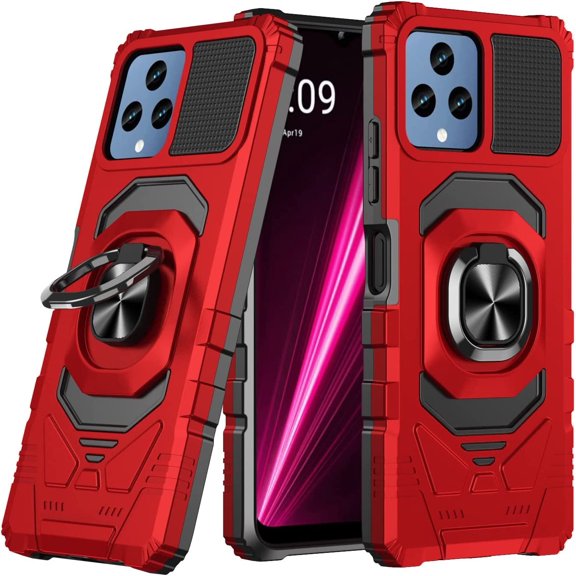 For T-Mobile REVVL 6 5G TMAF025G Robotic Kickstand Phone Case Cover   Tempered Glass - Red