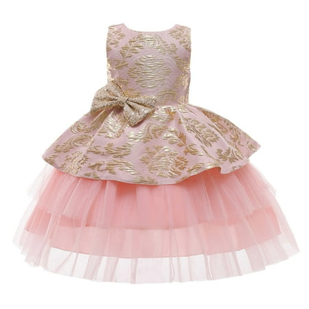 

JAHH Girls Gowns Kids Sleeveless Bowknot Paillette Tulle Pageant Gown Birthday Party Princess Wedding Dress for Wedding Partys (12-18 Months Pink)