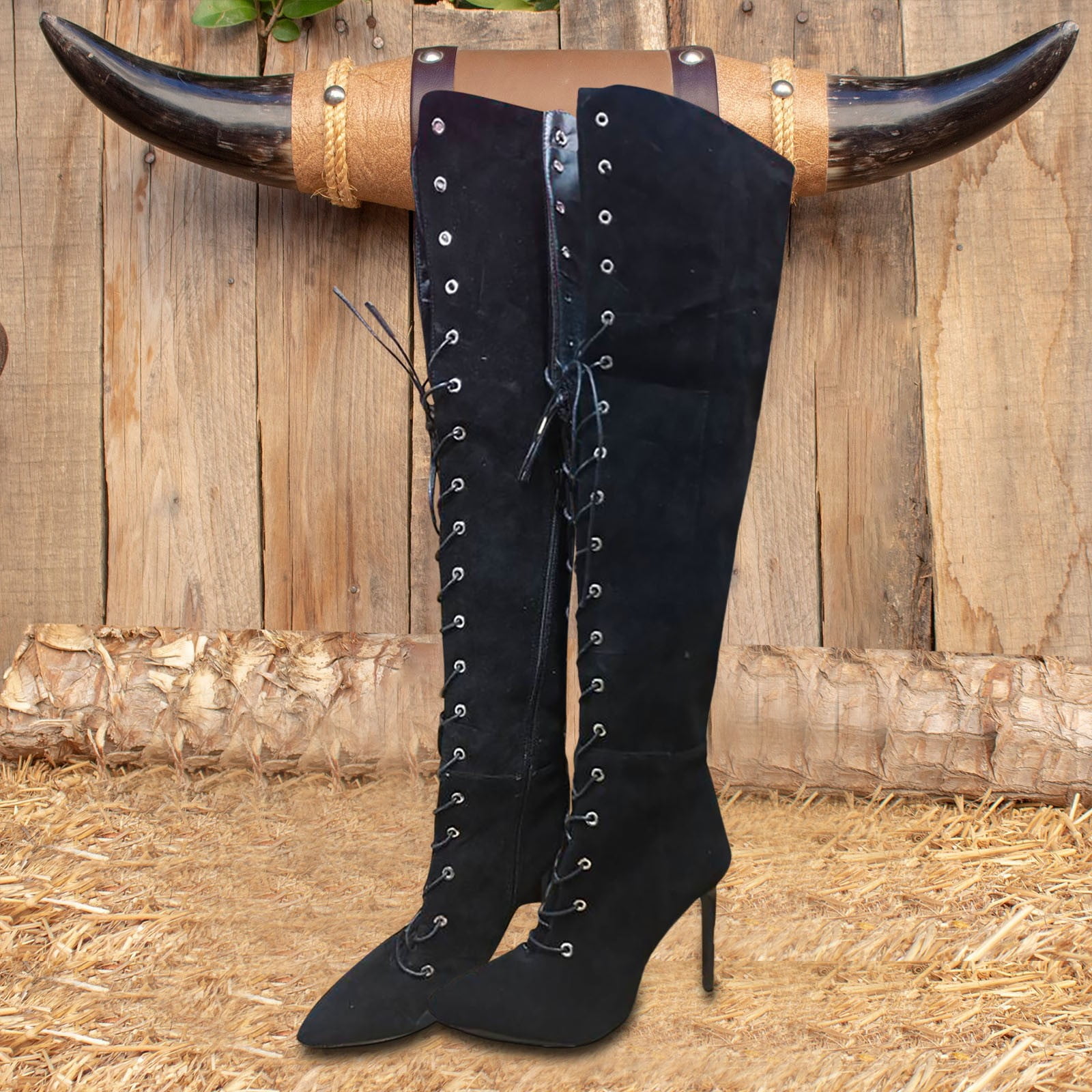 B91xZ Women's Over-The-Knee Boots Lace Up Pointed Toe Boots - Main Image