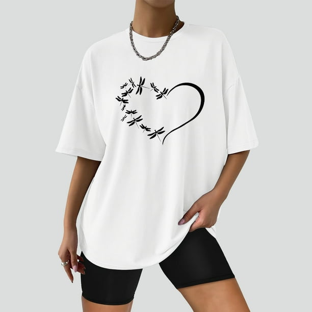 ICHUANYI Clearance Fashion Woman Solid Round-Neck Print Short Sleeve T-Shirt Printing Loose Blouse Tops(White, L) ICHUANYI WER2023081107683