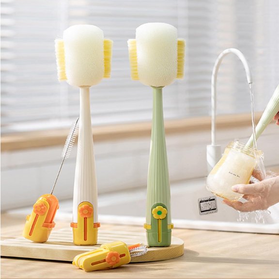 5 in 1 Bottle Cleaning Brush Set, 5‑in‑1 Multifunctional Bottle Cleaning Brush Set, Straw Cleaner Brush for Baby Bottles, Comes with Three Replacement Sponge Brush Heads (2PCS )