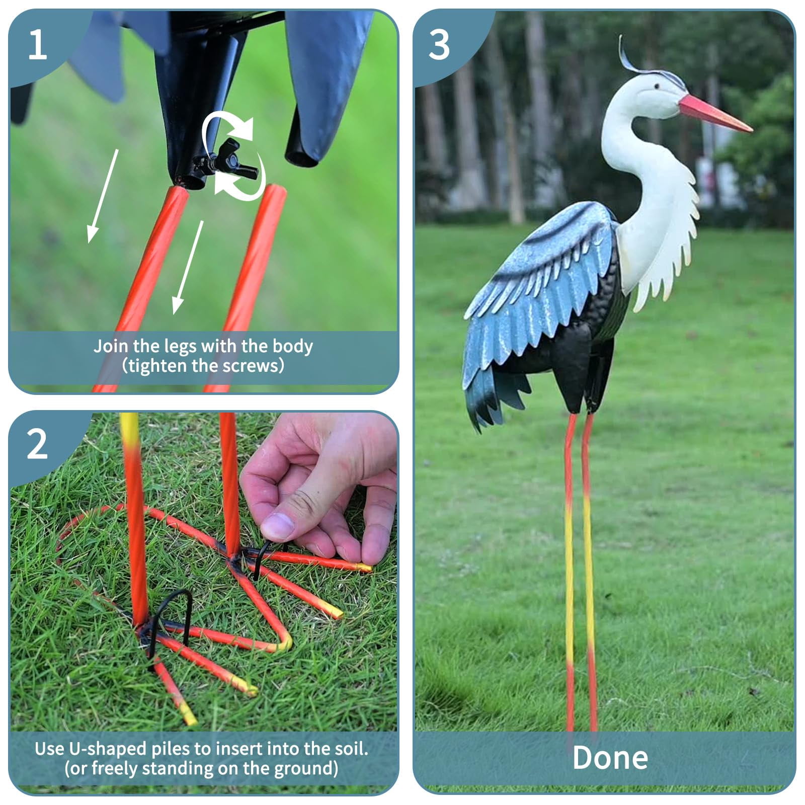 NIWEITA Large Standing Metal Crane Statue - Outdoor Heron Yard Art Sculpture, Garden Decor for Backyard, Patio, Porch & Lawn Ornament, Weather-Resistant Metal Bird Decor