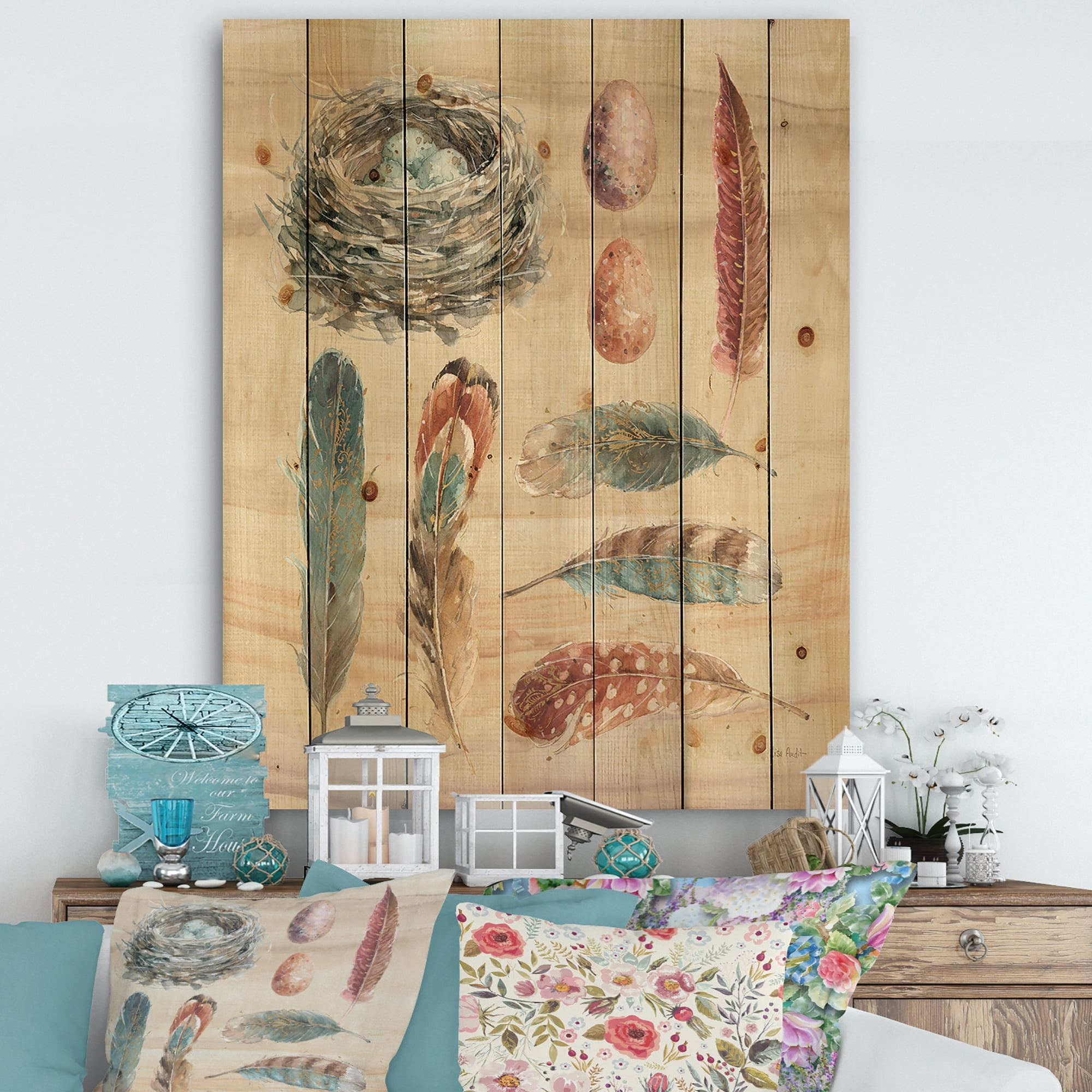 Designart 'Cottage Feathers Family I' Farmhouse Print on Natural Pine Wood