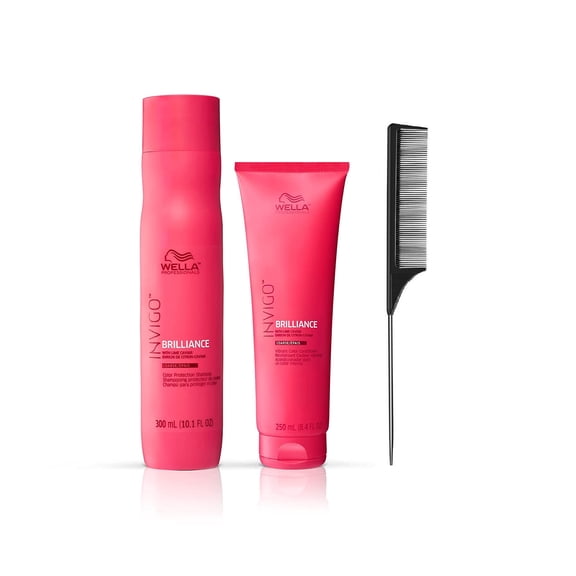 Wella Invigo Brilliance Shampoo 10.1 oz & Conditioner 8.4 oz Set For Coarse Hair, For Color Protection & Color Vibrancy (with Free Tail Combs)