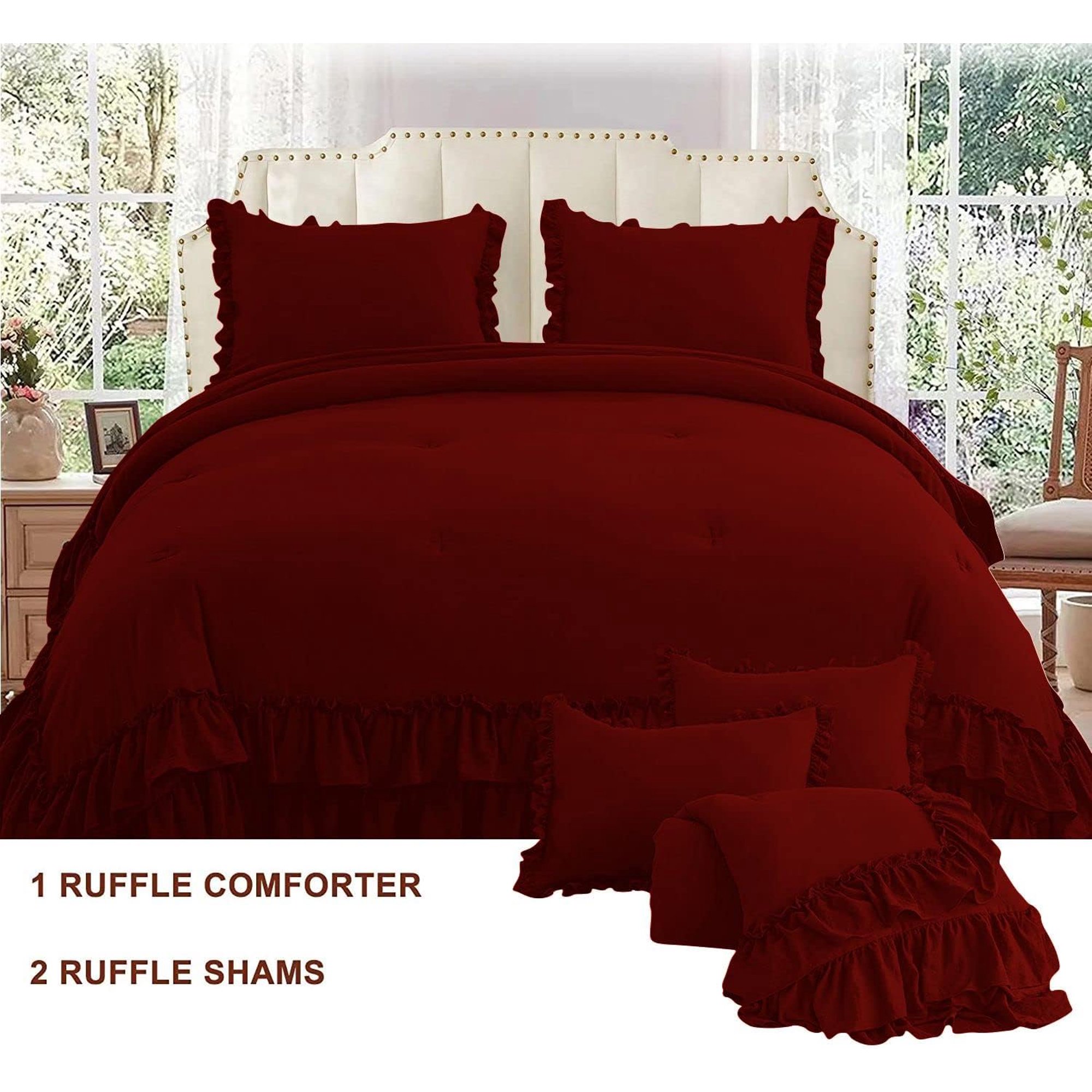5 Piece Luxury 5 Inch Two Layer Ruffle Comforter 550 GSM All Season (Oversized Queen Size) Premium Super Soft - 800 TC, 100% Egyptian Cotton- Solid Burgundy Colour