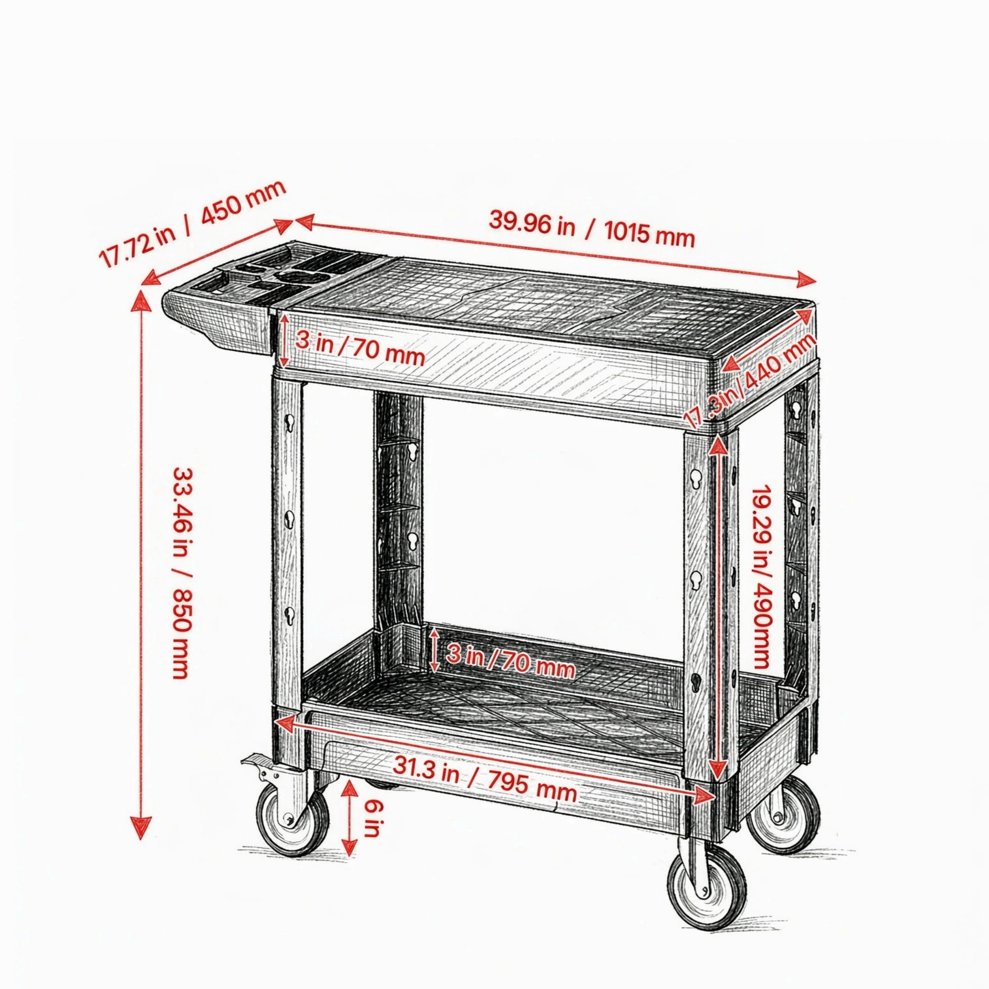 550lbs Utility Cart, 2-Shelf Heavy Duty Plastic Service Cart with 360° Swivel Wheels (2 with Brakes), Suitable for Warehouse, Garage & Cleaning, 31.3 x 17.7 Inch