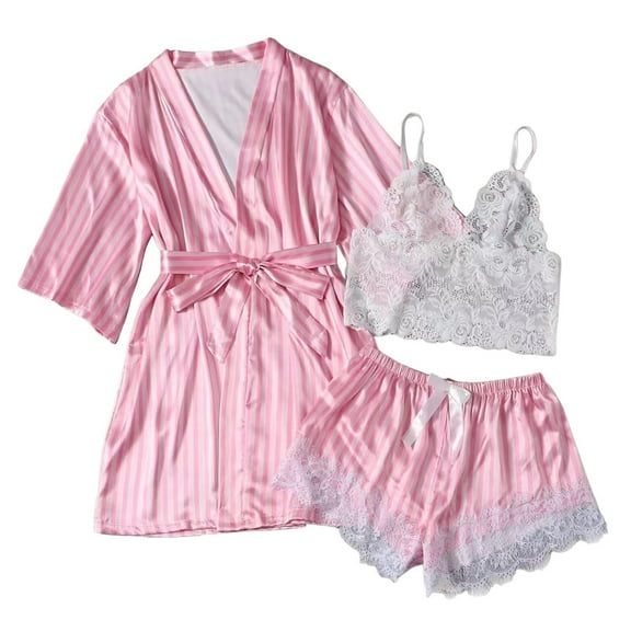 PMVFHDE Women's 4 Piece Sleepwear Set Satin Chemise Robe Shorts, Spring Summer Nightwear, Lace Trim Loungewear Set, Elegant Sleep Set Pink,L