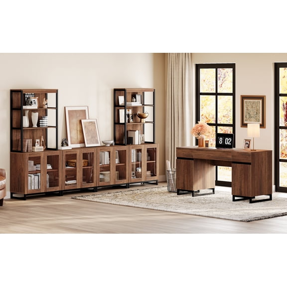 WAMPAT Home Office Furniture Set: 59" Executive Desk with Charging Station and Storage Cabinet, Two 72" Tall Bookcase With 3 Tiers And 4 Cabinets, Modern Computer Desk and Shelf for Work Study, Brown
