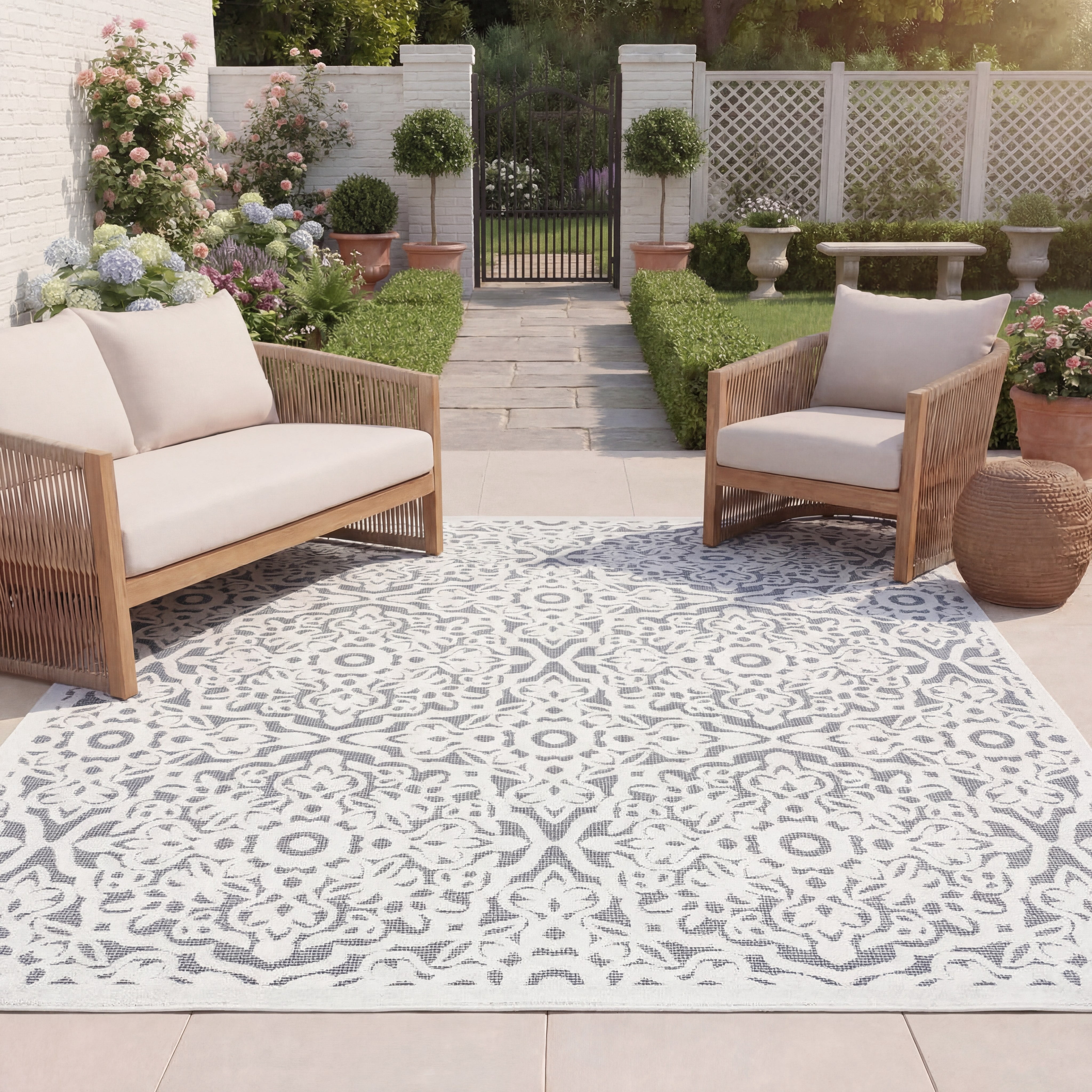 SAFAVIEH Cabana Henrika Ivory/Grey 2'2"X9' Runner Indoor/Outdoor Area Rug Ivory/Grey, 6'7" x 6'7" Square