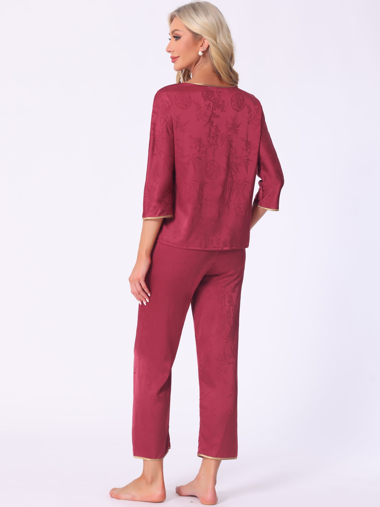 DARING DIVA Women's Floral Silky Long Sleeve Round Neck Pajamas Set L Red