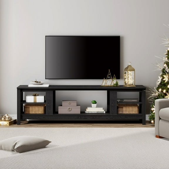 FITUEYES 70" Farmhouse TV Stand for 65 70 75 Inch TV, Wood Entertainment Center with 5 Open Compartments for Living Room Bedroom, Black