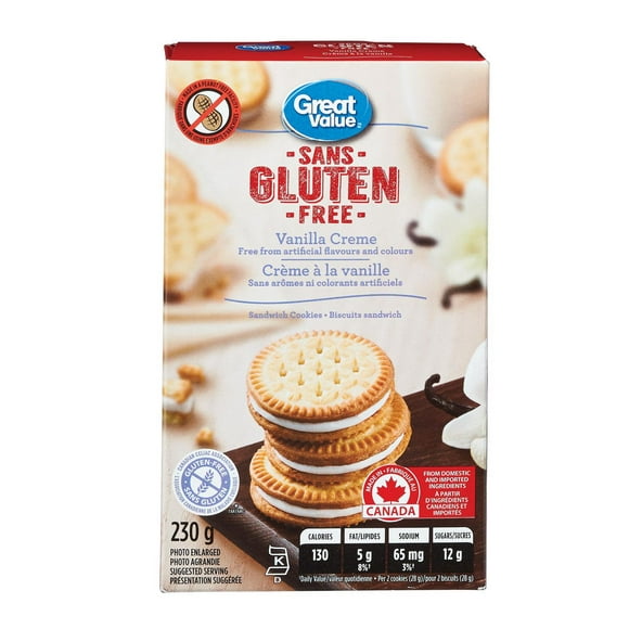 Biscuits sandwichs crème à la vanille sans gluten de Great Value 230 g