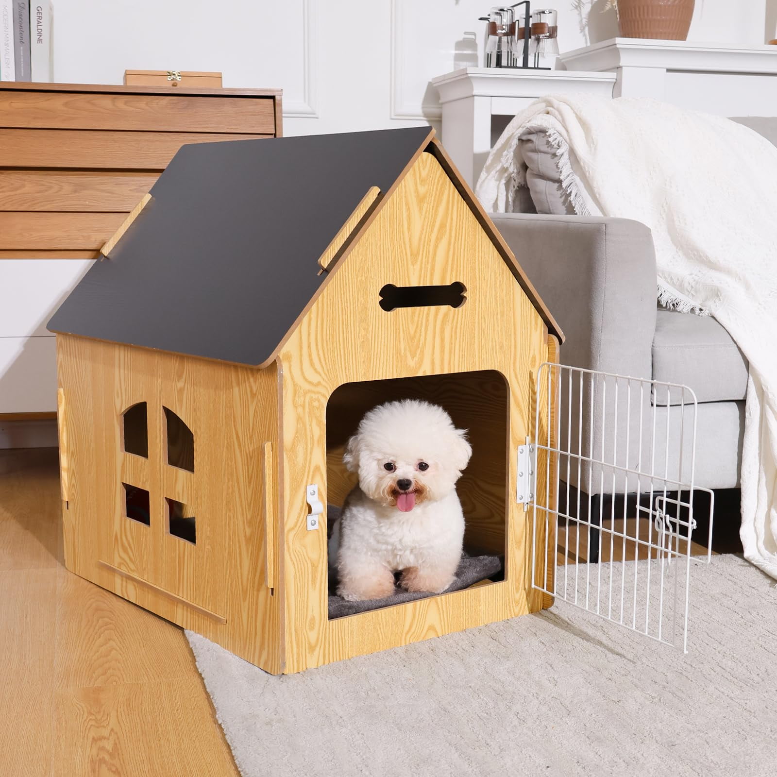 Wooden Indoor Dog House for Small Pets, Cozy Pet Bed with Air Vents, Elevated Floor Design, Warm Shelter for Puppies Cats Rabbits, Brown