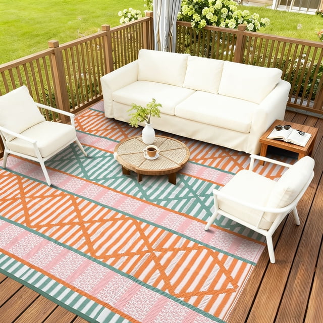 Outdoor Rug – Reversible Waterproof Plastic Straw Mat – Stain Resistant, Washable & Collapsible – Non-Shedding, Easy Clean - Orange/Green/Pink/White, 8x10ft (244x305cm), US Spec