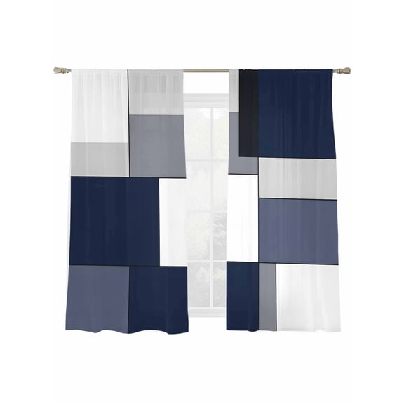 Blue Grey Patchwork Sheer Curtains 63 Inch Long 2 Panels, Abstract Geometric Art Light Filtering Rod Pocket Semi Sheer Curtains, Sheer Voile Drapes for Living Room Bedroom, 52"x63"