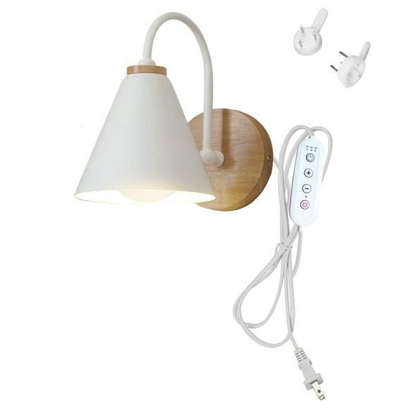 FSLIVING Modern Dimmable Wall Sconce White Metal Wooden Fixture Plug-in Cord