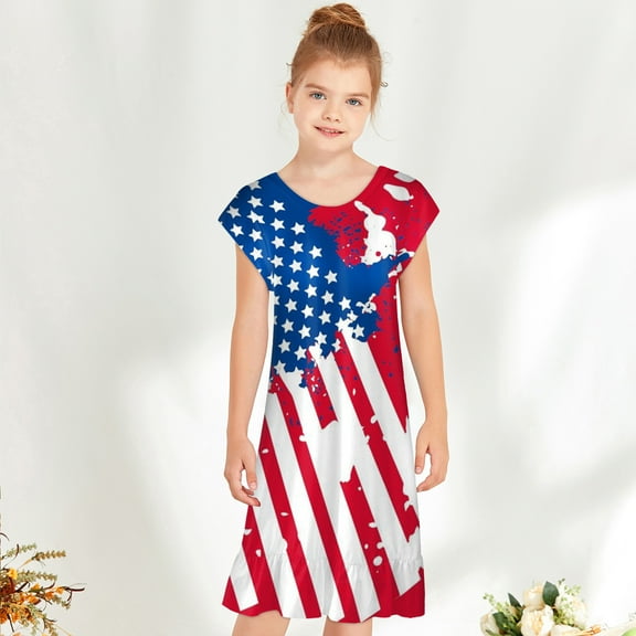 Edvintorg 5-15Years 4Th Of July Girls Party Dress Clearance Toddler Kids Baby Girls Independence Day Fashion Cute Short Sleeve Star Print Dress