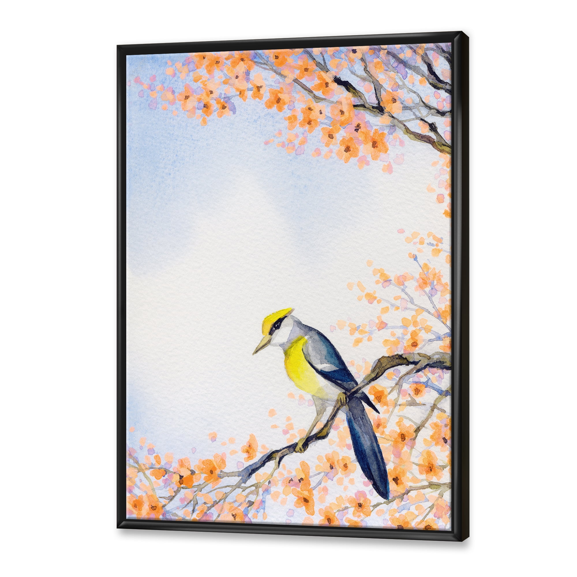 Designart 'Beautiful Blue Bird Sitting On Flowering Branch II' Traditional Framed Canvas Wall Art Print