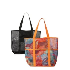 Time and Tru Women's Mesh Beach Tote Bag, 2-Pack Tropic Orange Spirit / Black