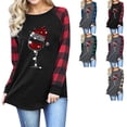 thumbnail image 3 of Sudadera de cuello redondo con mangas a cuadros, estampado de gorro navideño y copa de vino, color negro con puños a cuadros rojos, talla M Camisa festiva de manga larga para mujer, 3 of 6
