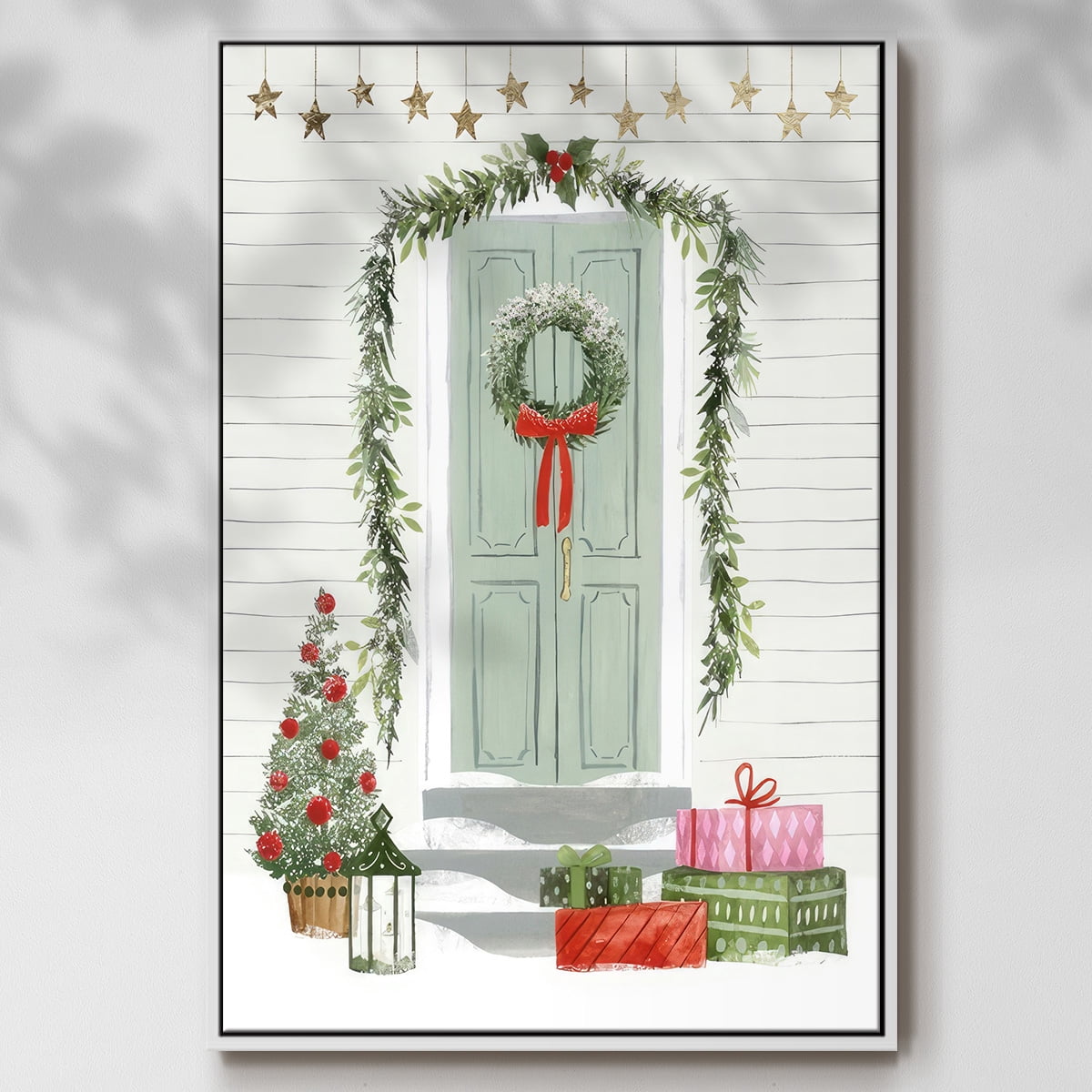 Festive Front Door I - Framed Gallery Wrapped Holiday Canvas - 25 x 37 - White Frame