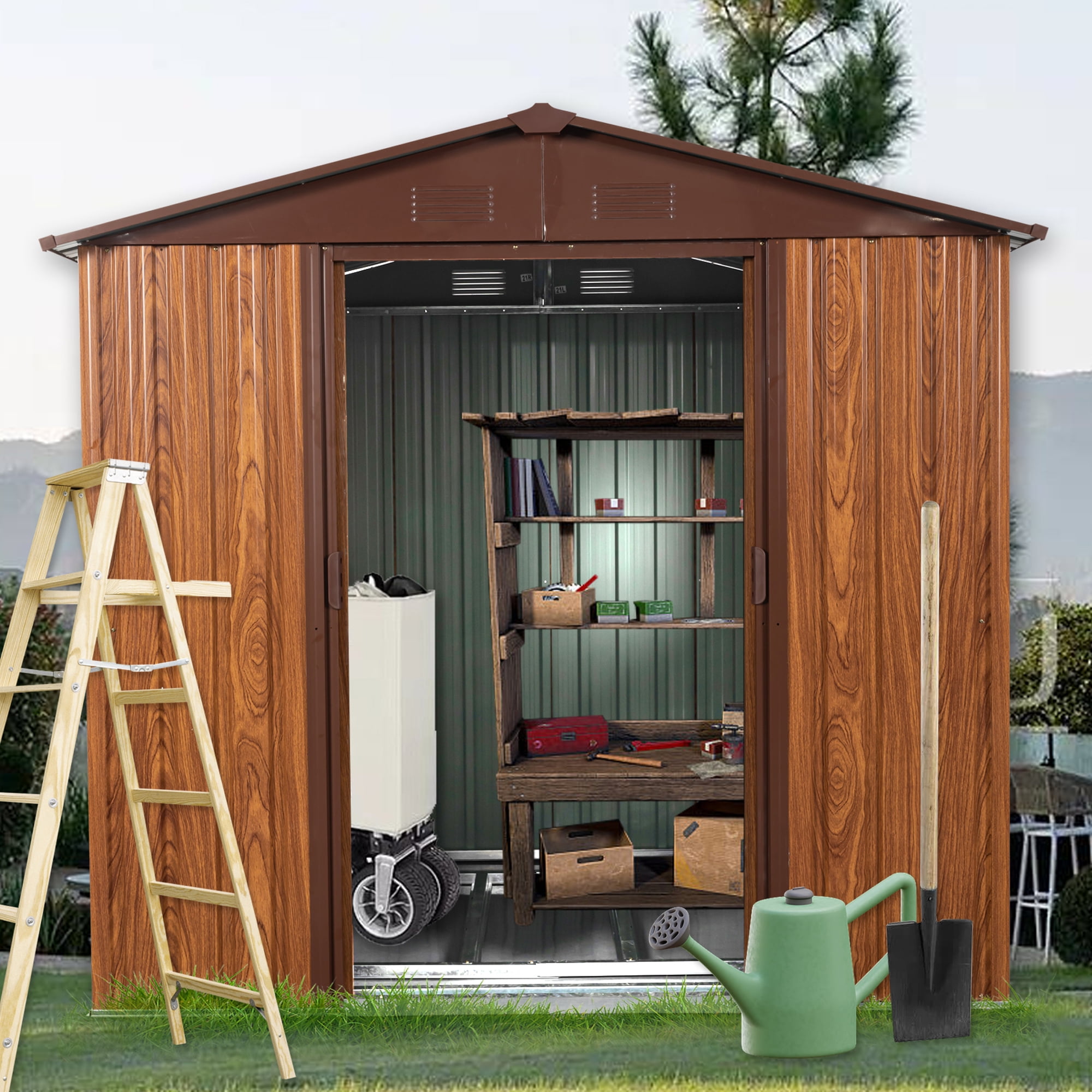 SESSLIFE Outdoor Shed with Lockable Door, Coffee Outdoor Storage