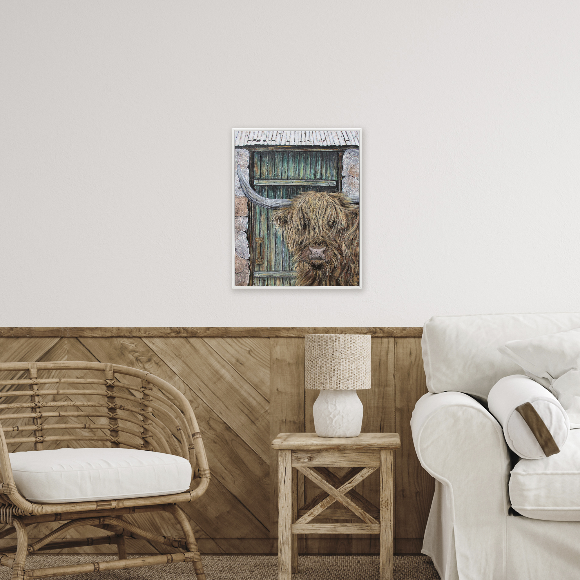 Highland Cow by Barn Door White Framed Giclee Art, design by Jean Plout
