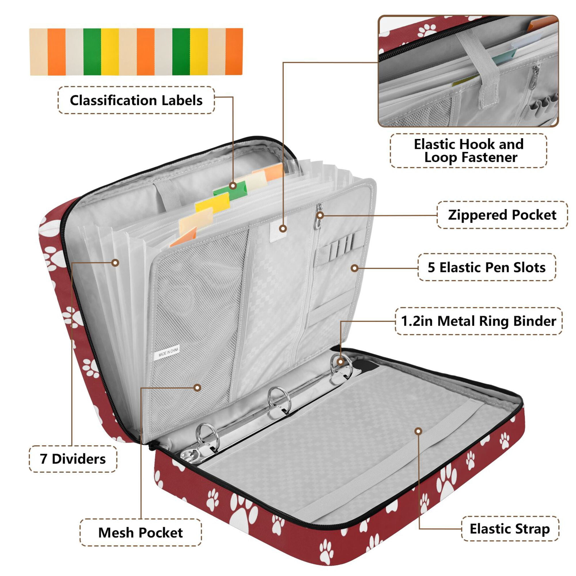 FORMRS Accordion File Folder A4 Size 7-Pocket Expanding Document Organizer Bag with 3 Ring Binder, Red Cartoon Paws Pattern