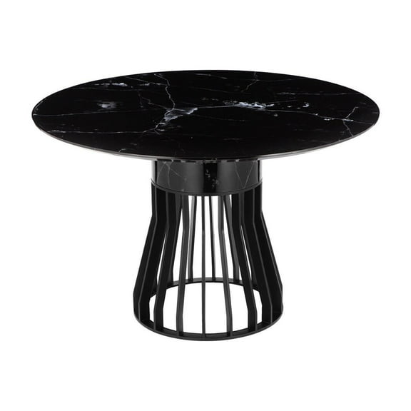 Benjara Jett 47 Inch Dining Table, Round Marble Top, Metal Cage Frame Base, Black