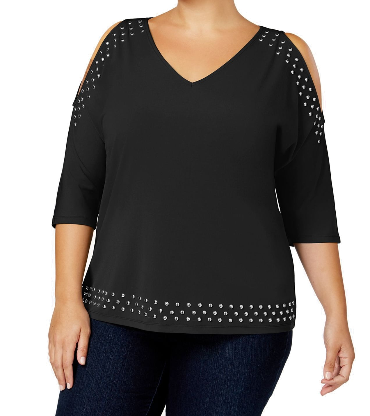 Photo 1 of PLUS SIZE 1X - INC Silver Women's Studded Cold-Shoulder Top Black