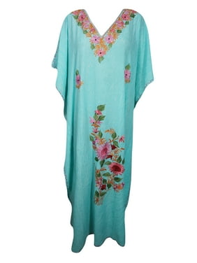 Mogul Womens Light Blue Floral Long Caftan Traditional Indian Kashmiri Embroidery Maxi Kaftan 3X