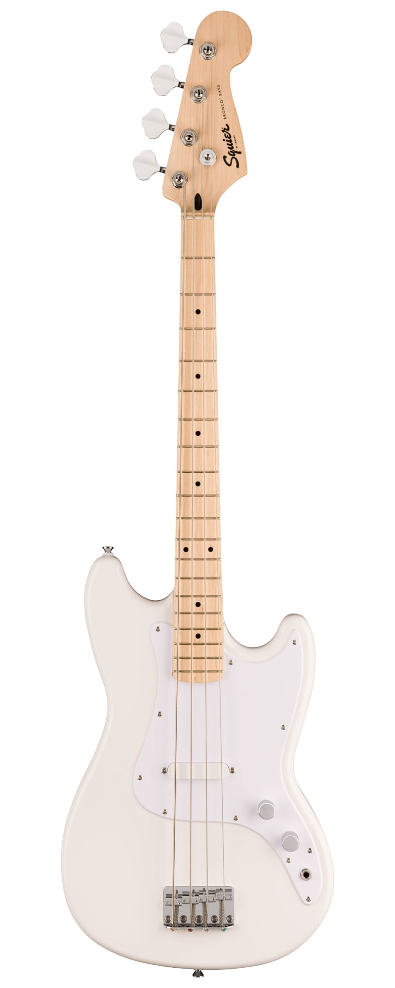 Fender Squier Sonic Bronco Bass Guitar - Arctic White Bundle with Rumble 15 Bass Amplifier, Cable, Tuner, Strap, and Austin Bazaar Instructional DVD