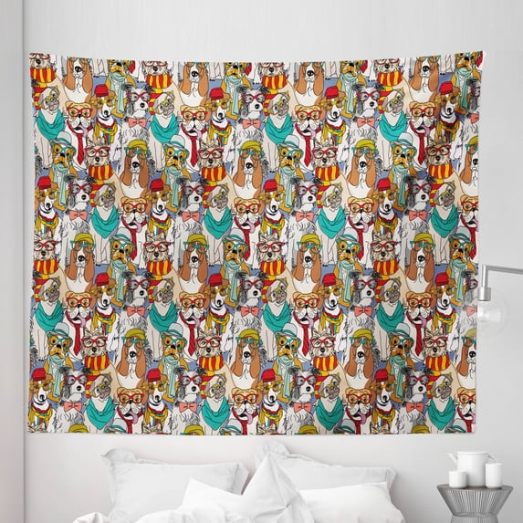 Dog Lover Tapestry, Hipster Bulldog Schnauzer Pug Breeds Glasses Hats Scarf Pattern Colorful Cartoon, Fabric Wall Hanging Decor for Bedroom Living Room Dorm, 5 Sizes, Multicolor, by Ambesonne