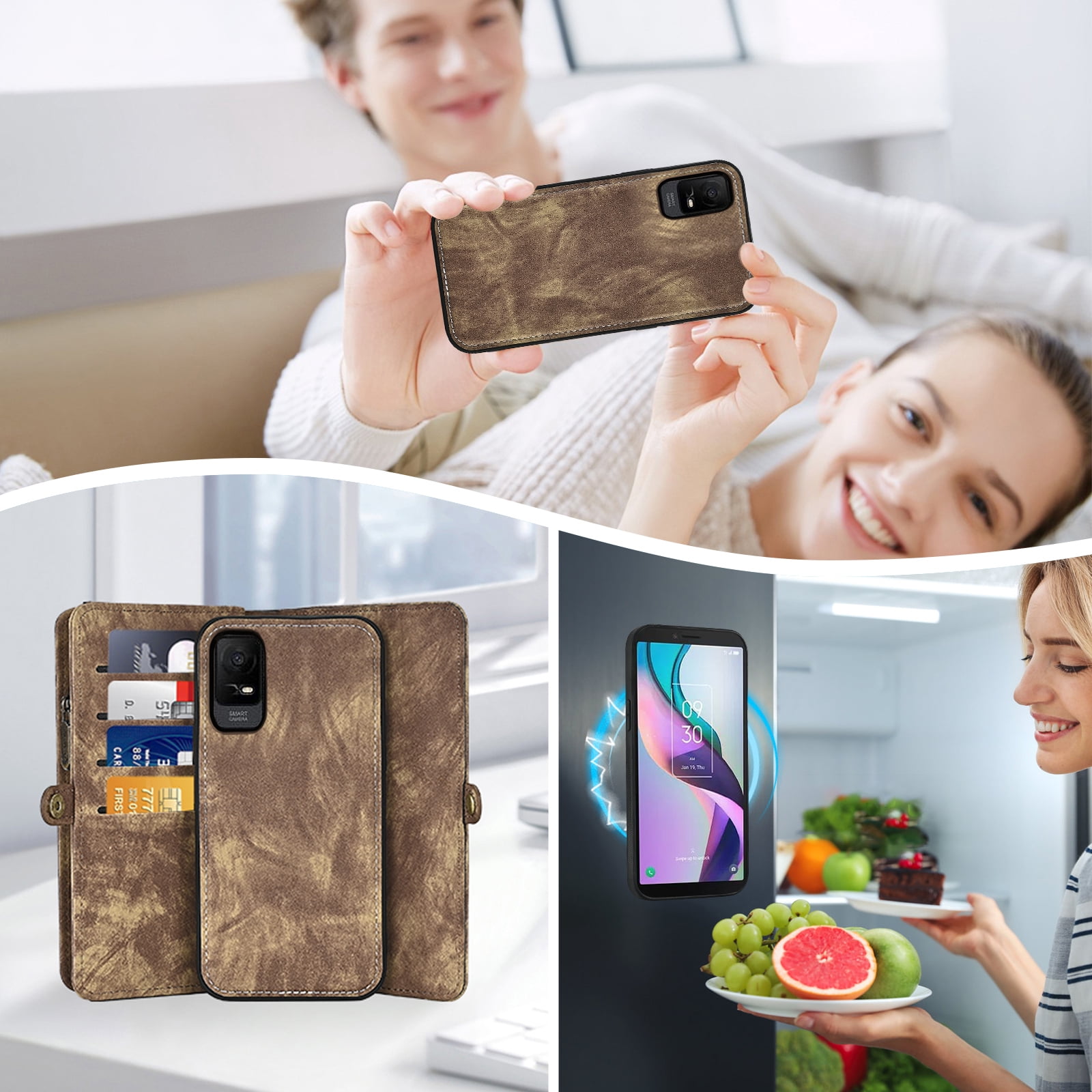 Asuwish Phone Case for Metro TCL Ion X/Ion V/40Z T607DL Zipper Wallet Detachable Cell Cover with Tempered Glass Screen Protector Crossbody Strap Flip Card Holder Slot IonX T430W IonV 2023 Women Brown